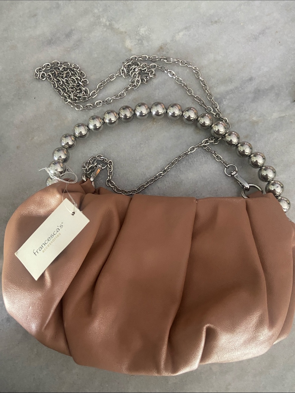 Francesca's Collections Blush-Tan Pleated Shoulder Bag with Silver Bead Chain
